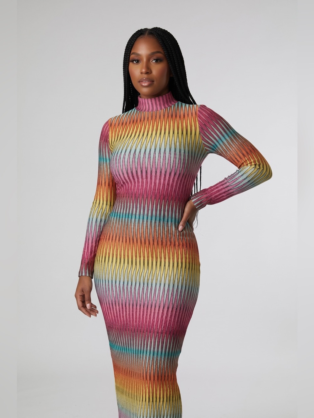 Rainbow Stripe Open Knit Bodycon Midi Dress Semi Sheer NWT Boutique